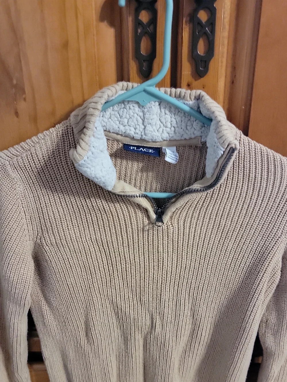 The Children's Place Beige Knit Quarter-Zip Sweater with Sherpa Collar